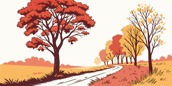 Vibrant autumn scene with red and orange trees along a winding path Vector