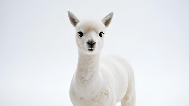 Adorable White Baby Alpaca Standing in a White Studio, Looking Curious and Gentle