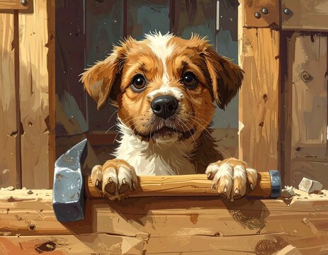 Chiot construisant sa niche muni d'un marteau 