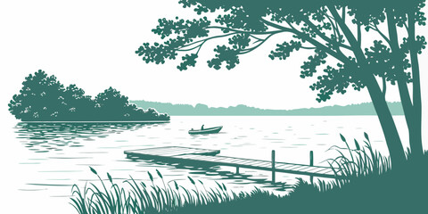 A serene landscape featuring a tranquil lake surrounded by lush trees and vegetation Vector © Ghgs