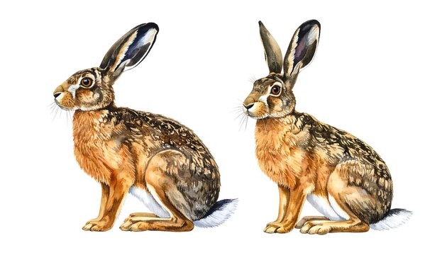 Two brown hares, seated side-by-side, different poses, against a white backdrop, in a watercolor style illustration