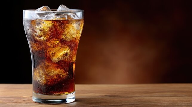 A glass filled with cola and ice cubes sits on a wooden table, showcasing bubbles and clarity against a brown backdrop
