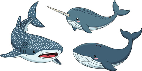 Cute Whale Shark Narwhal and Whale Cartoon Marine Animal Collection Vector Illustration Set for Ocean Wildlife Kids Education and Sea Life Design © Yousuf