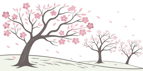 Obraz premium Three bare trees with pink blossoms in a row on a white background Vector