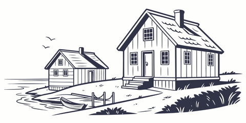 A charming countryside scene with a house, barn, and surrounding trees Vector