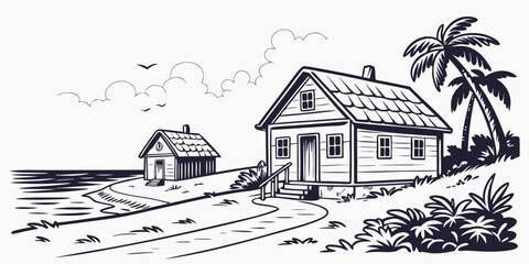 A serene beach house with palm trees and a clear sky in the background. Vector