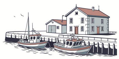 A picturesque village scene with a river and traditional houses Vector