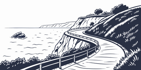 A serene coastal scene with winding roads and distant ships. Vector