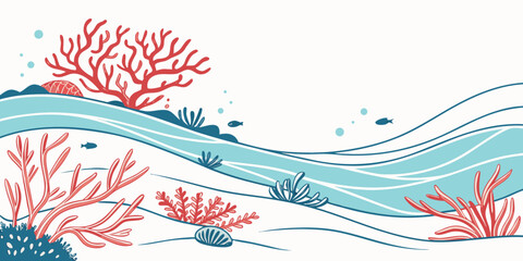 A vibrant underwater scene with colorful corals and a diverse marine ecosystem. Vector