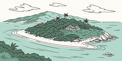 A serene tropical island surrounded by calm turquoise waters with a small boat nearby Vector