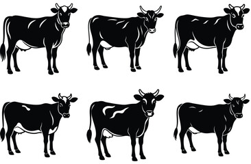 Fototapeta premium Three black cow silhouettes standing in grass isolated on white background