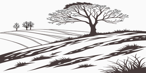 A serene landscape of trees standing tall on a gently sloping hillside covered in snow. Vector