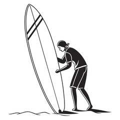 A surfer in a wetsuit preparing his surfboard on the beach Vector