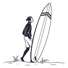 A person carrying a surfboard on a beach with a calm ocean in the background Vector