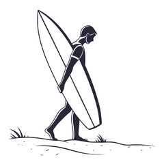 A silhouette of a person carrying a surfboard on a beach at sunset Vector