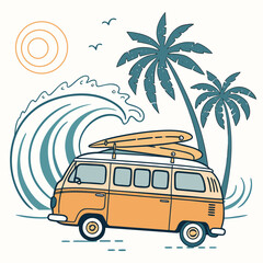 A vibrant beach scene with a classic van, surfboards, and palm trees Vector