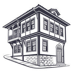 A charming two-story house with a pitched roof and a small porch Vector