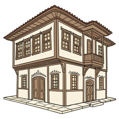 A charming two-story house with a red-tiled roof and white walls Vector