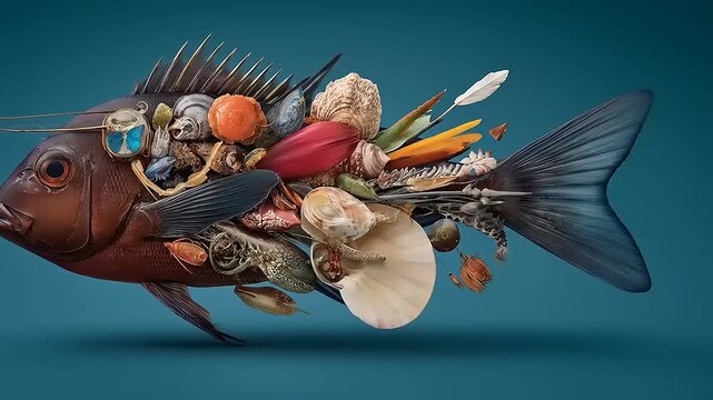 Surreal Oceanic Assemblage: A Fish Transformed into a Biomorphic Composition of Sea Treasures