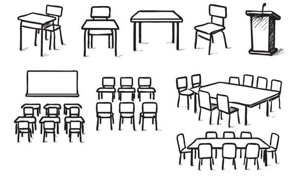 Hand-drawn illustration of various conference and classroom layouts with tables, chairs, and a podium. Black and white sketch style with rough lines.