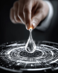 Obraz premium Digital Alchemy: A single drop of liquid held delicately by a human finger transforms into a luminescent drop set against an intricate, glowing digital background.