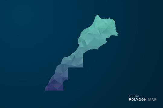 Morocco Map - Polygon Style Vector Illustration with Teal Blue Gradient, Low Poly Geometric Design, Digital and Technology Inspired, Clean Silhouette on Dark Background.
