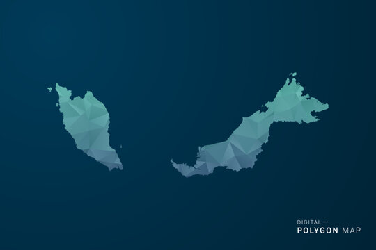 Malaysia Map - Polygon Style Vector Illustration with Teal Blue Gradient, Low Poly Geometric Design, Digital and Technology Inspired, Clean Silhouette on Dark Background.