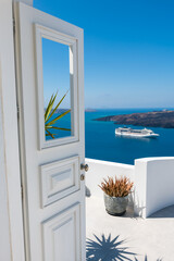 White architecture in Santorini island, Greece. Beautiful terrace with sea view.