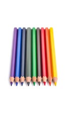 Fototapeta premium Row of colorful sharpened pencils arranged symmetrically on clean white background