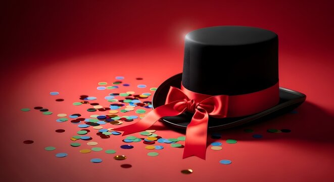 A black top hat adorned with a red ribbon and surrounded by confetti