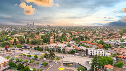 Panoramic Aerial Drone view of Inner Suburbs of Melbourne housing, roof tops, the streets and the parks, the roads and trees of Ascot Vale Moonee Ponds Brunswick Essendon and Maribyrnong in VIC Victor © Elias Bitar