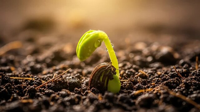Sprout emerging from soil, close up view under bright sunlight