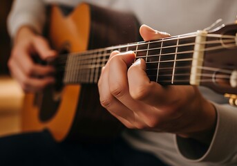 Fototapeta premium Close-up of fingers pressing strings on acoustic guitar's fretboard