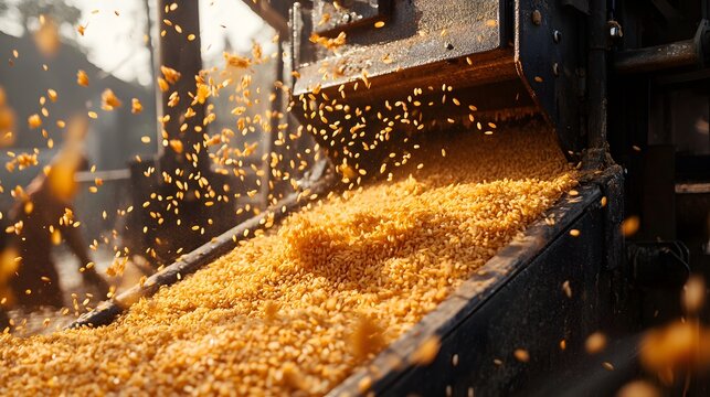 Close up of a mechanical huller in action with golden rice grains flying and cascading down conveyor belts during agricultural processing capturing the dynamic motion of grain separation in a farm