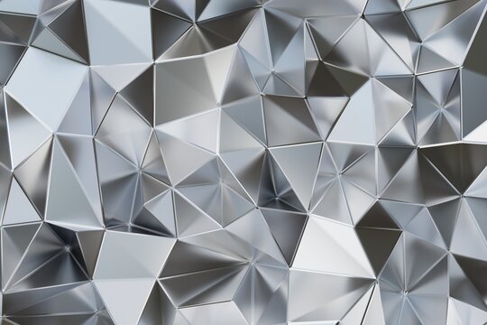 Abstract metallic geometric background with reflective silver triangular facets. Modern low-poly 3D surface with sharp angles and glossy reflections,  luxury branding, and futuristic design projects.