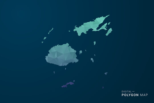 Fiji Map - Polygon Style Vector Illustration with Teal Blue Gradient, Low Poly Geometric Design, Digital and Technology Inspired, Clean Silhouette on Dark Background.