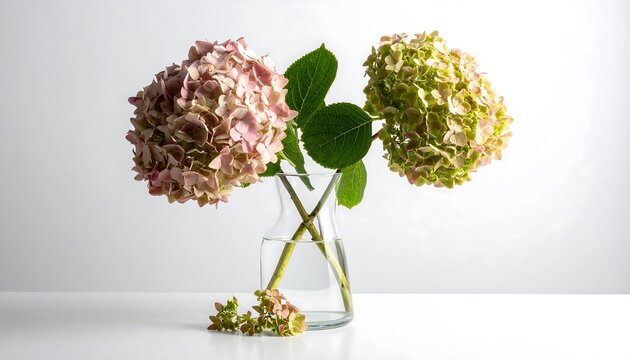 Two hydrangeas, pink and green, in a clear vase on a white surface against a soft white background
