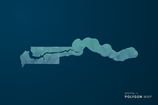 Gambia Map - Polygon Style Vector Illustration with Teal Blue Gradient, Low Poly Geometric Design, Digital and Technology Inspired, Clean Silhouette on Dark Background.
