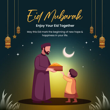 Eid Al Fitr Mubarak Greeting Banner Featuring Illustration of a Muslim Father Giving a Gift to His Son, Glowing Moon, Golden Lanterns, and Night Sky Social Media Post Design Template