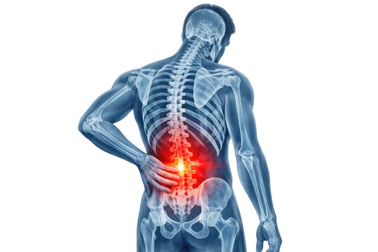 Human anatomy illustration showing a person experiencing lower back pain with ready for compositing on white and transparent background