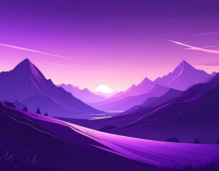 A scenic vista showcasing mountainous terrain, painted in shades of violet and purple with a setting sun, and a path leading to it