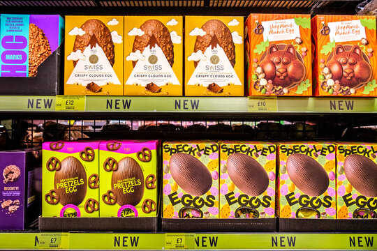 London UK, February 24 2026, Supermarket Selection Of Luxury Milk Chocolate Easter Eggs