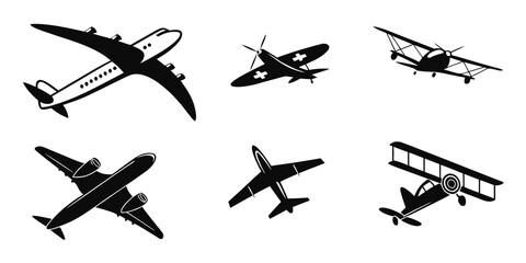 A collection of various aircraft silhouettes in flight, showcasing different types of planes. Vector © rabbi