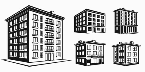 Four architectural drawings of a modern high-rise building with variations in design Vector © rabbi