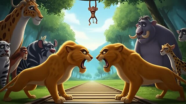 Animated jungle scene featuring wild animals standing on & around railroad tracks