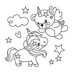 Adorable Magical Unicorn and Flying Bear Cub with Stars © soniagoncalves