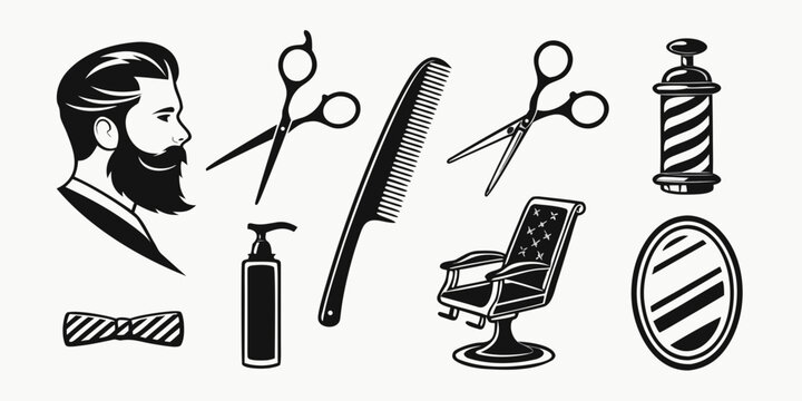A collection of vintage barber tools and equipment including scissors, combs, and a chair. Vector