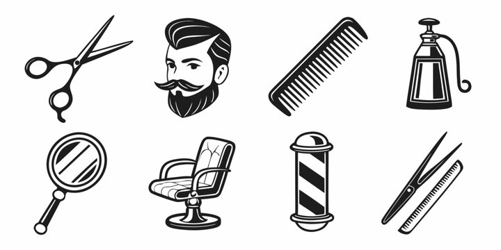 A collection of barbering tools and icons representing the barber profession Vector