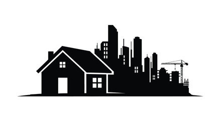 Fototapeta premium Black silhouette of a house contrasted against a city skyline and construction