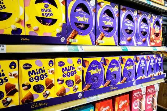 Selection Of Festive Milk Chocolate Easter Eggs Confectionery On Supermarket Shelves